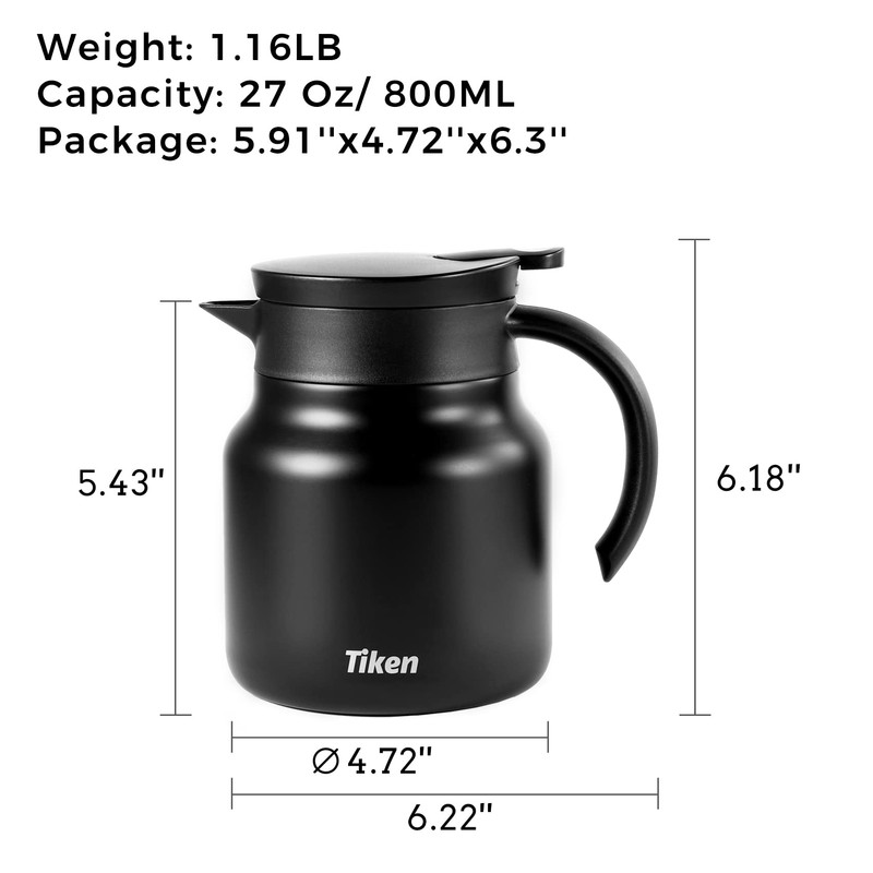 Tiken 800MLThermal Coffee Carafe Jug, Double Walled Stainless Steel Insulated
