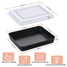 Joyfair Baking Tray, Stainless Steel Oven Tray with Airtight Lid, 31.7 x 24.7 x 5 cm, Black Non-Stick Rectangular Casserole Dish for Cakes/Lasagna/Brownie, Healthy and Non-Toxic, Oven Safe and Easy to
