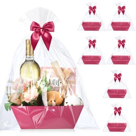 RattanView 12 Pcs Empty Gift Wrapping Baskets Kit, 6 Wine Basket 6 Cellophane Bag Gift Basket Kit to Fill for Baby Shower Birthday Party Wrapping Gift (Hot Pink,Hot Pink Ribbon)
