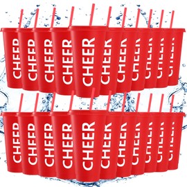 Layhit Cheer Teams Gifts Cheer Tumbler Cups Bulk 24 oz Reusable Cheer Plastic Tumbler with Straw and Lid Cheer Water Bottles for Team(Red,24 Sets)
