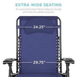 Best Choice Products Oversized Zero Gravity Chair, Folding Outdoor Patio Lounge Recliner w/Cup Holder Accessory Tray and Removable Pillow - Navy