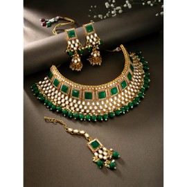 Aheli Gold Plated Kundan Faux Pearl Choker Necklace with Earring Maang Tikka Jewellery Set Gift for Women Green