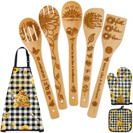 Sunflower Decor Cooking Utensils Set-8 Piece Kitchen Utensil Set,1 Oven Mitts and 1 Pot Holders Set 1 Farmhouse Apron 5 Wooden Cooking Spoon for Housewarming Wedding Gift for Women