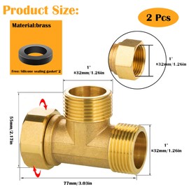 Pack of 2 Brass T-Piece Swivel Pipe Fitting, T-Piece 1 Inch, AGxAGxIG T-Piece Water Connection DN25, 3-Way T-Connector Coupling Suitable for Drinking Water, Refrigeration System, Air Conditioning