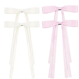 Hair Bows For Women, 4Pcs Bow Hair Clips Fabric Bowknot With Long Tail Hair Accessories Barrette Hair Ribbons for Women Girls Toddlers Teens Kids (4Pcs, Beige+Pink)
