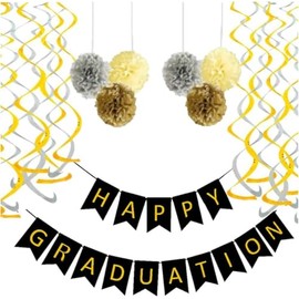 Graduation decorations 2025, Happy Graduation Banner with 6 Pom Poms 2 Gold 2 Yellow 2 Sliver, 6 Swirls 3 Gold 3 Sliver, party decorations 2025, Party Supplies 2025,