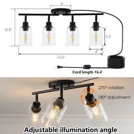 vivihobb Dimmable 4 Light Plug in Ceiling Light,Modern Black Plug in Track Lighting Kit with 16.5' Extra-Long Cord,Clear Glass Shade,Flexibly Rotatable Light Head,Industrial Farmhouse Style