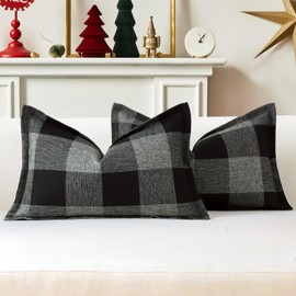 Sungeek Buffalo Check Plaid Cushion Covers 30 x 50 Set of 2 Linen Christmas Tartan Decorative Lumbar Pillow Covers with Stitched Edge for Sofa Couch Bed Living Room 12x20 Inch (Black and Grey)