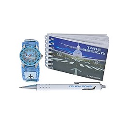 Time Design Kids Boys Touchdown Plane Flying Blue Watch Pen Log-Book Set Gift