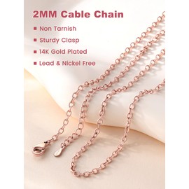 FOCALOOK Rose Gold Stainless Steel Necklace 2mm 18Inch Round Rolo Cable Chain for Women