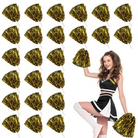 LINYAPRY 24 Pcs Metallic Cheerleading Pom Poms for Kids, Cheerleaders Cheer Pom Poms with Baton Handle, Cheering Squad Hand Flower for Adults Team Spirit Sports Game Dancing Party (Gold and Black)