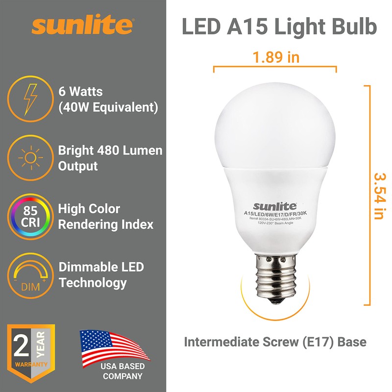 Sunlite A15 E17 LED Bulb, Intermediate Base Light Bulbs, 6