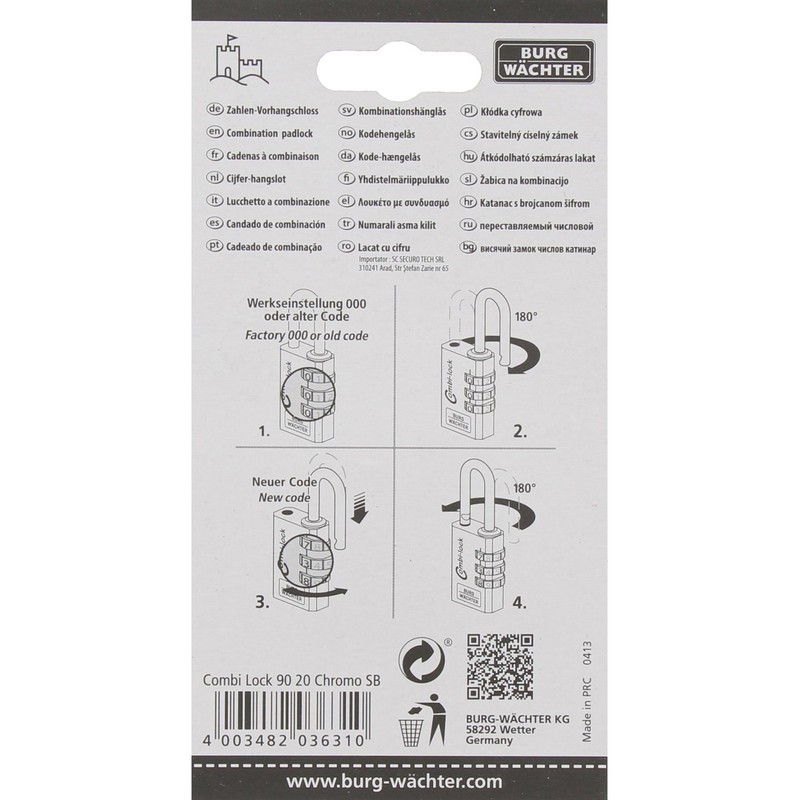 Burg-Wächter Combi 90 20 CHROMO SB Combination Padlock, Silver