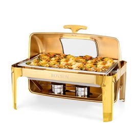 ROVSUN 9QT Chafing Dishes for Buffet, Roll Top Chafing Dish Buffet Set, Stainless Steel Buffet Warmer Chafers and Buffet Warmers Sets with Glass Window for Catering Events Parties Weddings, Gold