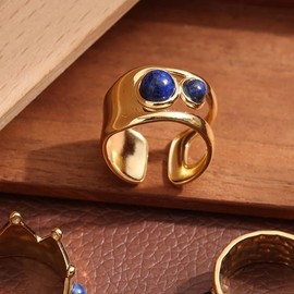 Dikixe Lapis Lazuli Chunky Ring, Natural Gemstone 18K Gold Plated Stack Wide Band Hollow Statement Cocktail Party Ring