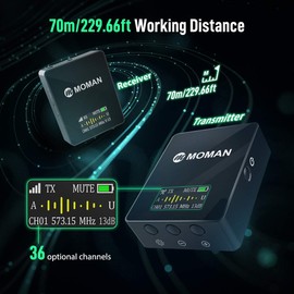 Moman Lavalier Wireless Microphone, Wireless Lapel Microphone System, Wireless Microphone Mics, UHF 36 Channels, 70 m Range, Real-time Monitoring for Interview DV Camera DSLR Canon Sony Nikon