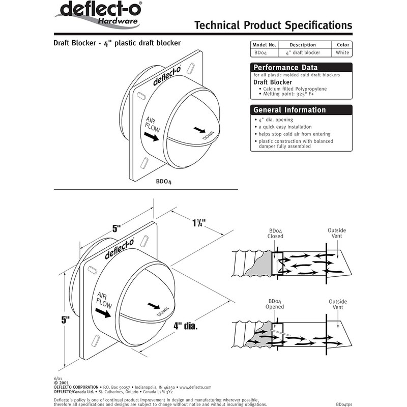 Deflecto Plastic Dryer Vent Draft Blocker, 4" Diameter, White (BD04)