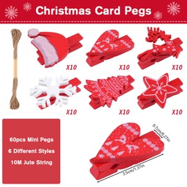 Wooden Christmas Pegs, Pack of 60 Wooden Clothes Pegs with Jute Cord, Christmas Pegs, Wooden Clothes Pegs, Small, Decorative Pegs, Decorative Pegs for Photos, Party, Wedding Decoration (6 Styles)