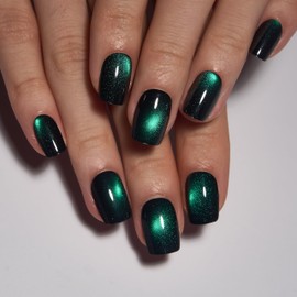 Curvlifie 3 Angle Cat Eye Press on Nails - Color Changing Short Square Fake Acrylic Nails with 3 Angle Shift Effects, Full Cover False Nails Tips Glossy Reusable Manicure Set for Women