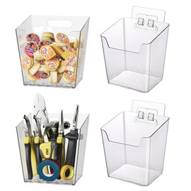 Clear Adhesive Wall Storage Bins, Large 4 Pack Cabinet Door Organizer Holders, Hanging Wall Mount Pockets, Plastic Cups for Shower Bathroom Makeup Office Craft Remote Kitchen Sink RV Organization