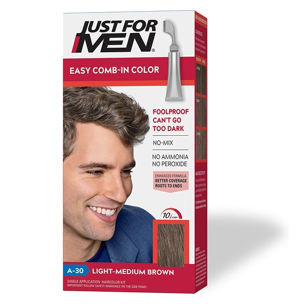 Just For Men Easy Comb-In Color (Formerly Autostop), Gray Hair Coloring for Men with Comb Applicator - Light-Medium Brown, A-30 (Packaging May Vary)