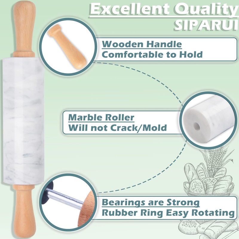 SIPARUI Marble Rolling Pin with Wooden Cradle Thick Handle Set