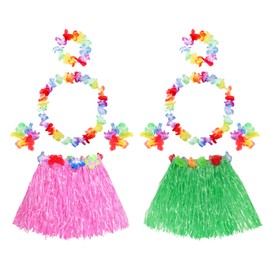 Gvhntk 2 Sets Elastic Hawaiian Hula Grass Skirt Costume Set with Flower Leis Bracelets Headband Necklace Beach Party Dance