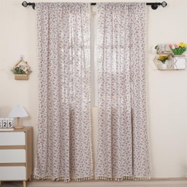 Moslovstar - 1 par de cortinas de lino floral, estilo rústico, para filtrar la luz, con bolsillo para barra, borlas beige, 52 pulgadas de ancho x 84 pulgadas de largo, flores de rosa roja en beige