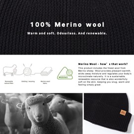 TOP-EX 100% Merino Wool Beanie Warm Winter Hat for Men & Women – Stretchy Thermal Knit Cap for Hiking Golf Camping Cycling Walking Travel Black L/XL