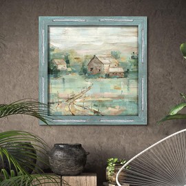 Farm Framed Wooden Wall Art: Rustic Barn Picture Country Rural Scene Painting Print Decor Vintage Countryside Landscape Artwork for Farmhouse Bedroom Living Room