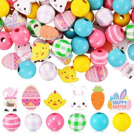 Chitidr 180 Pcs Easter Wooden Beads with Clear Box Bunny Easter Egg Colorful Wood Beads Rabbits Chick Farmhouse Beads for Easter DIY Garland Crafts Party Decoration