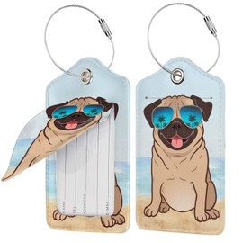 Funny Pug Dog Sunglasses Beach 2 Pack Luggage Tag for Suitcase, Leather Name Tag Id Label Luggage Tags with Stainless Steel Loop and Privacy Cover for Women Men Teens Travel