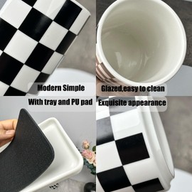 Toothbrush Holders for Bathrooms, Bathroom Toothbrush Holder set, Modern Cute Ceramic Toothbrush Cup with Tray for Countertop Organizer, Toothbrush and Toothpaste Holder Sets, Checkered Bathroom Decor
