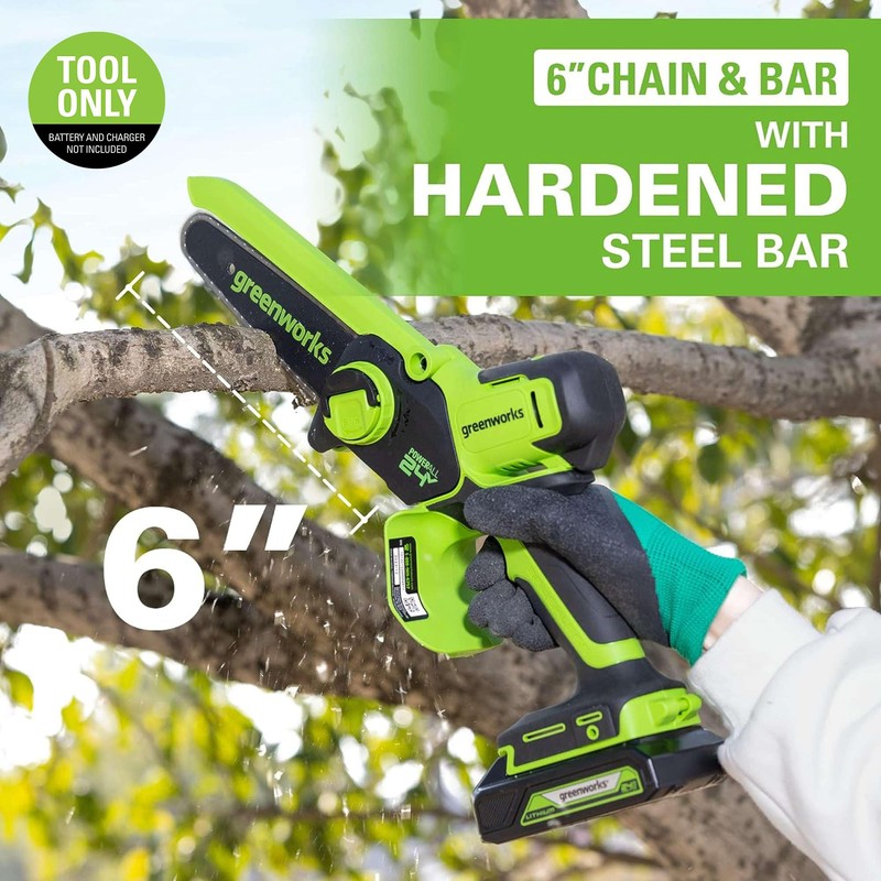 Greenworks 24V 6” Mini Chainsaw Cordless, Handheld Electric Power Chain