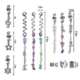 40Pcs hoyuwak Natural Colored Crystal Stone Hair Accessories - Metal Charms, Tie-Dye Loc Spirals, Cuffs, Rings for Women's Hairstyle Decoration