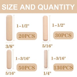 230 pieces wooden dowels 6 mm 8 mm 10 mm, ribbed wooden dowel rods for crafts, furniture, DIY manual