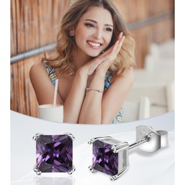 HAINBAG Birthstone Stud Earrings for Women Princess Cut Diamond White Gold Plated 925 Sterling Silver Jewelry February Birthday Studs (Amethyst)