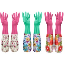 KELU Rubber Gloves, Kitchen, Floral Pattern, Long Type, Fleece Lined, Thick, Rough Hands, Set of 3 Colors