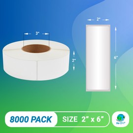 ABC White Thermal Transfer Labels, 2 x 6 Inch. Pack of 8000 Self-Adhesive Perforated Industrial Thermal Transfer Labels with 3 Inch Core. Thermal Label Printer Paper for Product Labeling