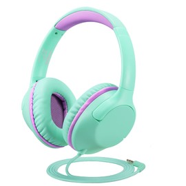 POWMEE Auriculares para niños, Adolescentes, Escuela con Volumen Limitado de 94 dB, Cable de Cable estéreo Ajustable de 3.5 mm para tabletas Fire, Viajes, PC, teléfonos (Verde Menta)