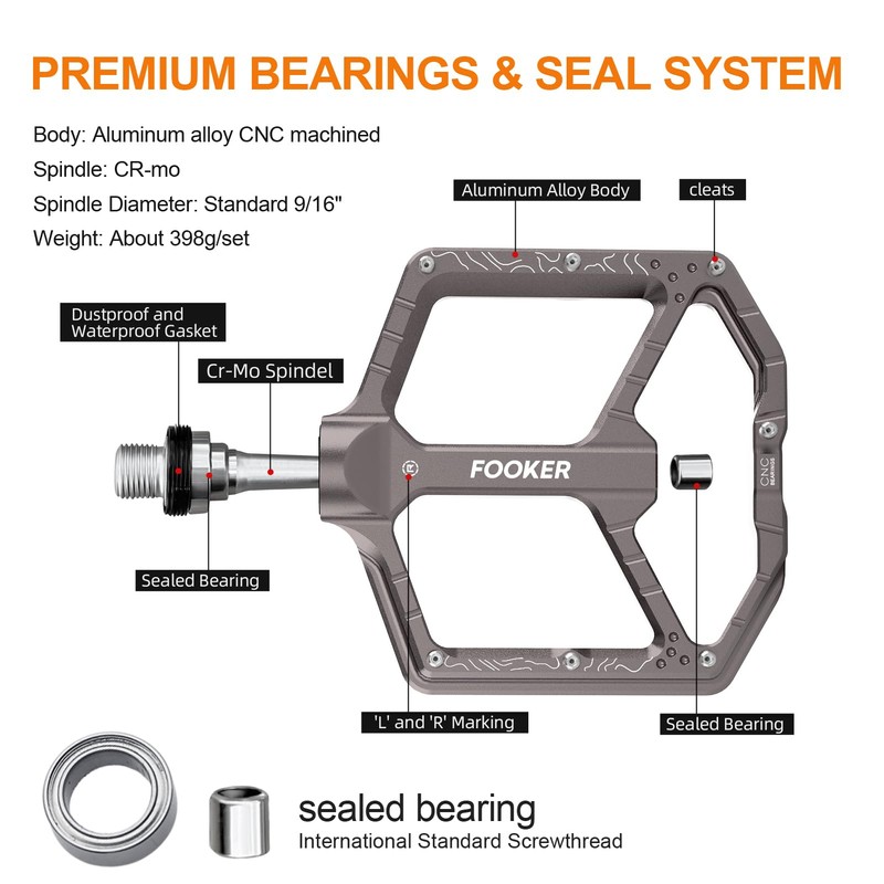 FOOKER Bike Pedals,Aluminum 9/16" Sealed Bearing Bicycle Pedals Lightweight Wide