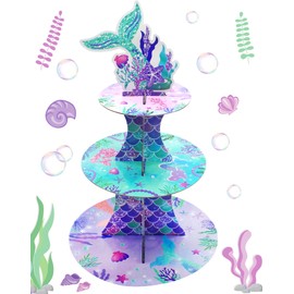 Anvin 3-Tier Mermaid Cupcake Stand Tower Mermaid Cardboard Cupcakes Tier Stand Holder for Dessert Display Birthday Party Decoration Tea Party Supplies Party Centerpiece Decor Baby Shower (Mermaid)