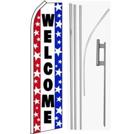 Moon Welcome USA Stars RWB Swooper Super Flag & 16ft Flagpole Kit/Ground Spike - Vivid Color and UV Fade Resistant - Prime Outside Garden Home Decor