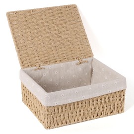 FEILANDUO Wicker Shelf Baskets Bin with Lid, Handwoven Paper Rope Baskets for Organizing, Rectangular Basket for Storage, Desktop Boxes with Lids Home Organizer Decor, Large