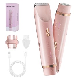 2-in-1 Bikini Trimmer for Women, Bikini Shaver with Dual Heads, Painless Body and Facial Hair Removal, Rechargeable Cordless Electric Razors for Face Chin Pubic Underarm Legs, Pink-ca