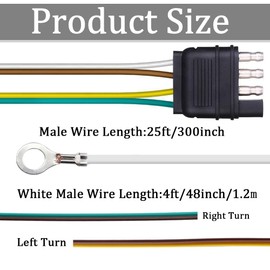 Ruibapa 25 Foot 4 Wire 4-Flat Trailer Light Wiring Harness Extension Kit with 18 Gauge White Ground Wire for Trailers
