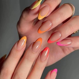Press On Nails - Colorful French Tip False Nails - Short Medium Almond Fake Nails With Glue - Glossy Rainbow Press-On Nails - Pastel Acrylic Full Cover Stick On Nails For Women Girls Nails Art