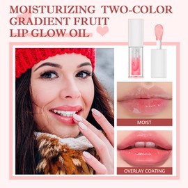 Prreal Lip Glow Oil, Moisturizing Lip Gloss, Plumping Lip Oil with Big Head Blush, Gradient Fruit Lipoil with Two Color, Lip Tint Lip Plumper for Dry Lip, Water Hydrating Lipstick(Mint+Raspberry)