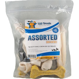 123 Treats Assorted Dog Chews for Dog - 100% Natural Lamb, Beef, Rawhide, Pork and Chicken Jerky Chews - for Dogs (1 Pound Bag)