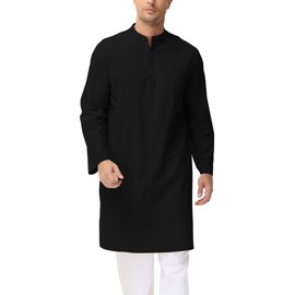 LVCBL Kaftan Men's Muslim Robe Neck Long Sleeve Kaftan Button High Thobe M-3XL, black